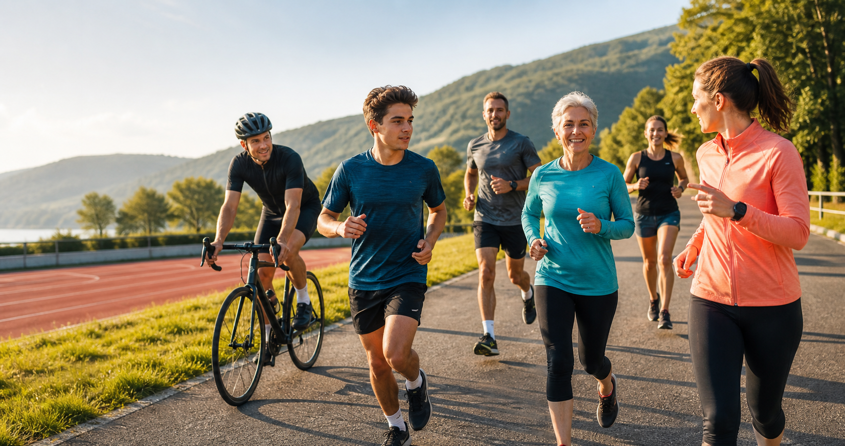A diverse group of people running and cycling outdoors with a coach